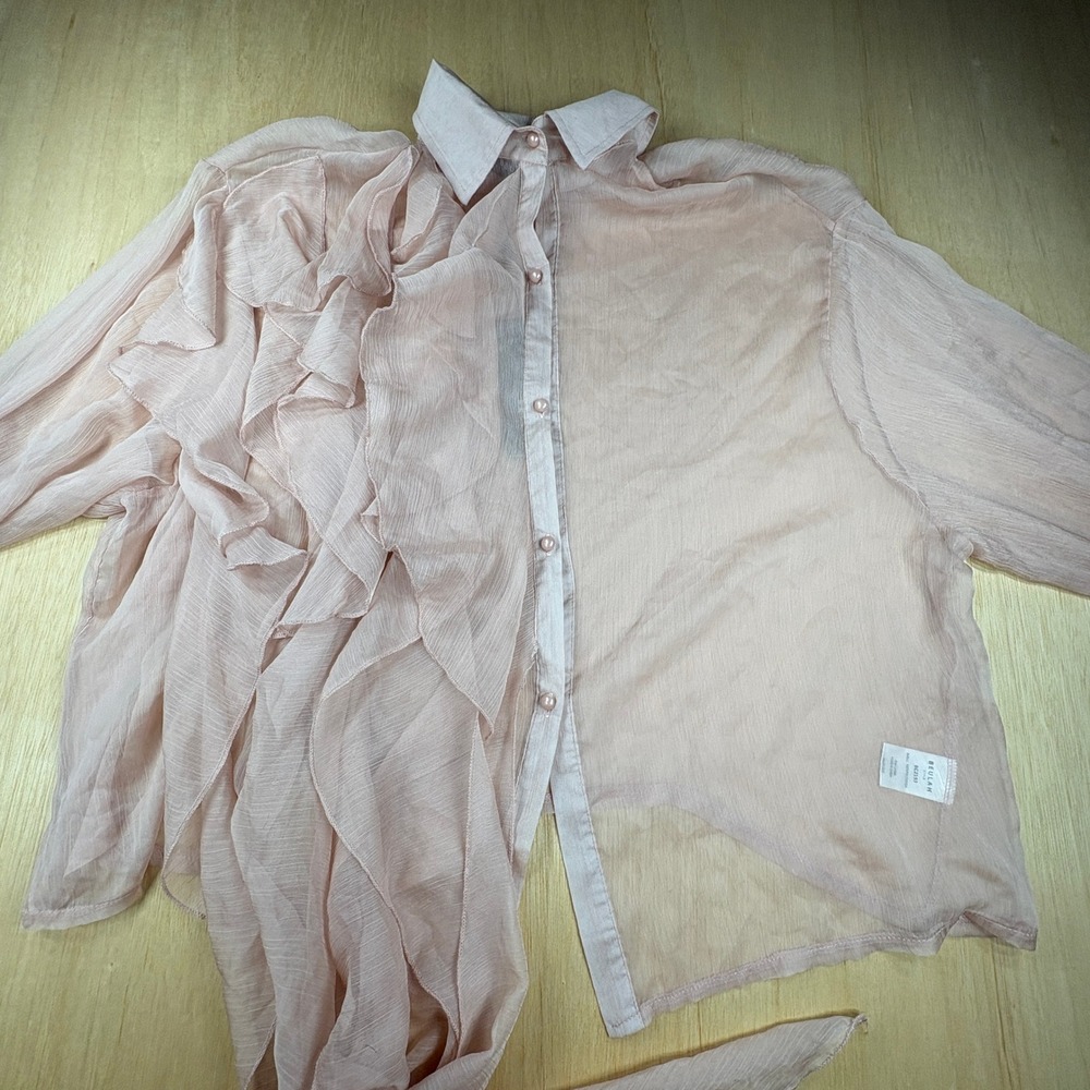 Beulah Style Dusty Pink Asymmetrical Ruffle Sheer Blouse BC2193 Small NWT